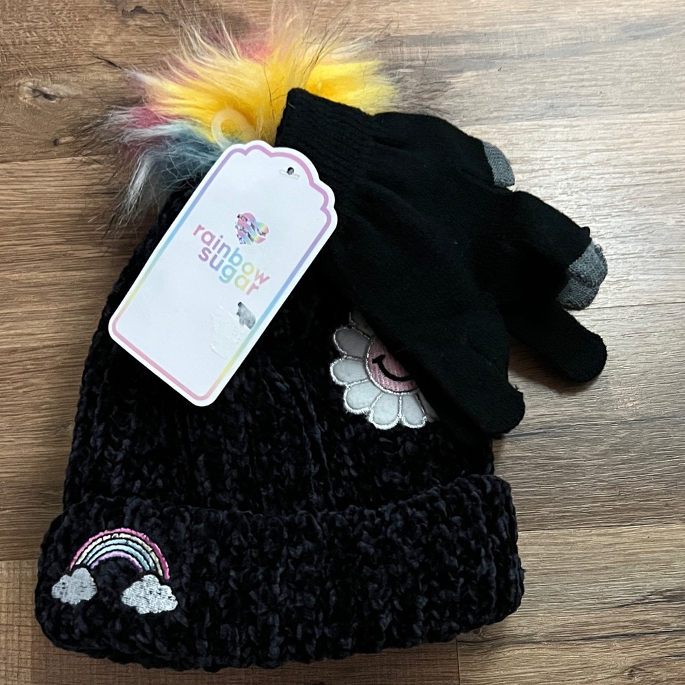 New rainbow sugar 2pc girls knit faux fur beanie and gloves set black pink